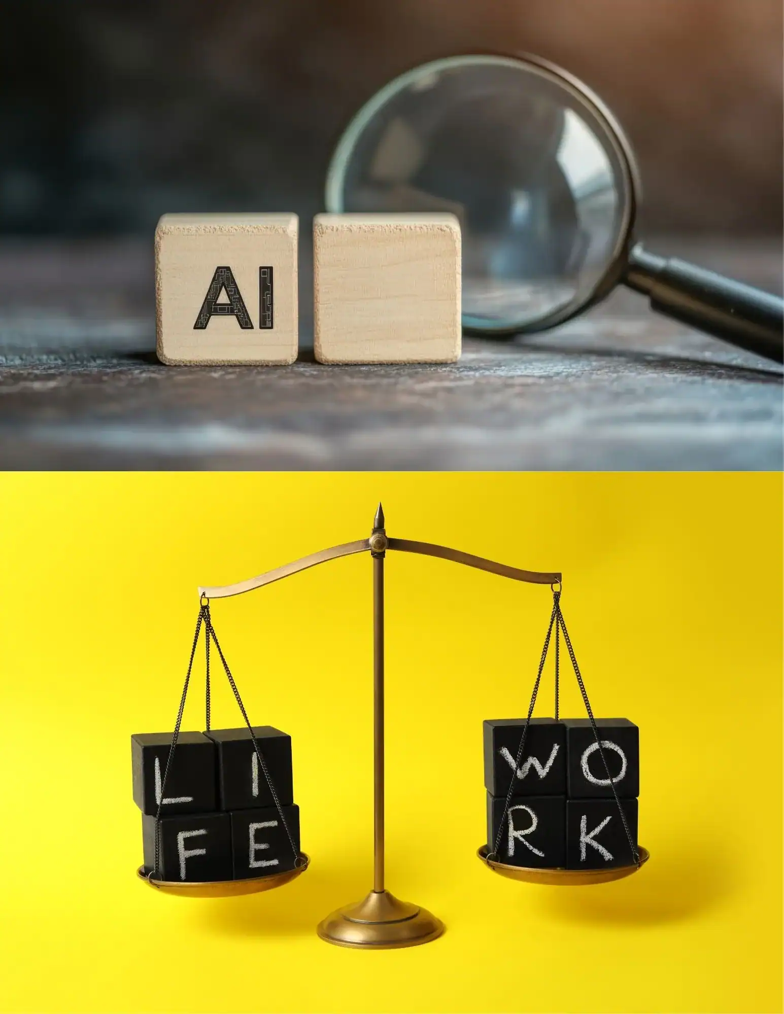AI magnifying glass and life work on a balance scale